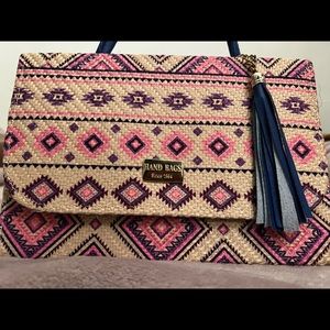 Beautiful Mexican hand cover stitch small bag. tan pink and blue. From Mexico